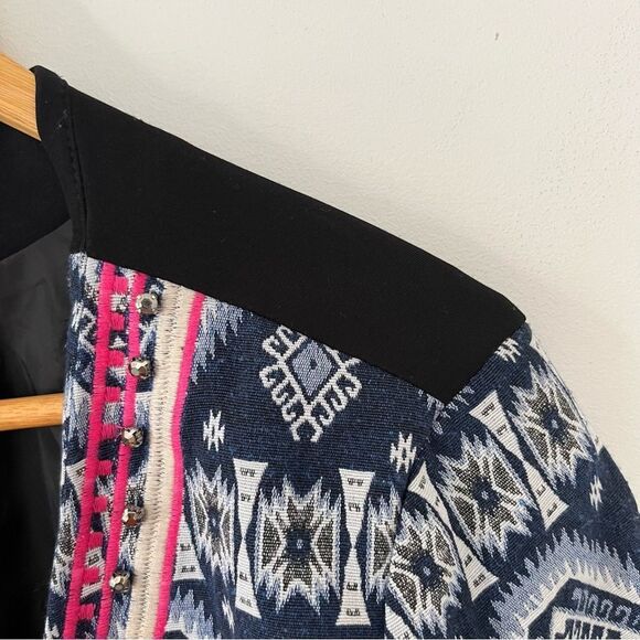 Oober Swank Navy Pink Patterned Open-Front Blazer Jacket - Picture 3 of 8